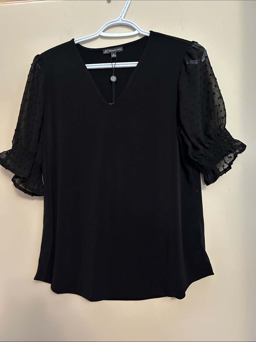 Adrianna Papell polyester pullover top sheer puff sleeves V-neck size M new/tag